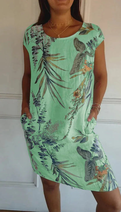 Spring Summer Hot Sale Of The Season Women's Cotton Linen Short Sleeve Printed Pocket round Neck Dress Elegant Style Comforta...