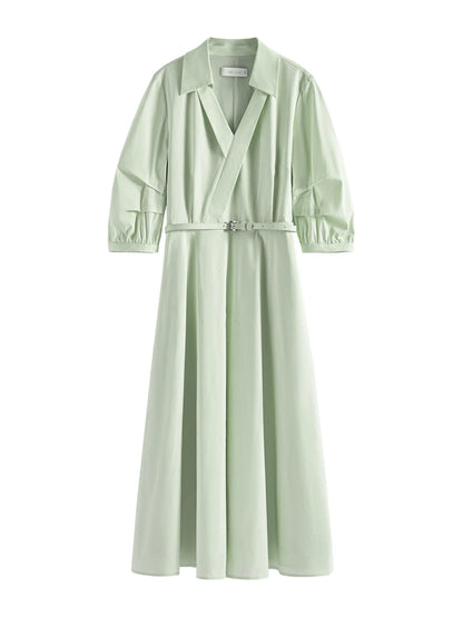 FSLE Autumn Women Wedding Guest Dress Spring Long Sleeves Dress Three-quarter Sleeve Cotton Elegant 2025 Slim Waist  Dress