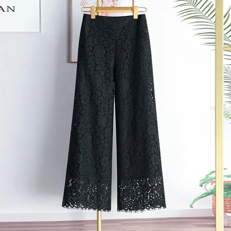 Female High Waist Wide-leg Trousers Summer Ladies Lace Straight-leg Pantalons Korean Women Casual Solid Color Nine Dvide Pants