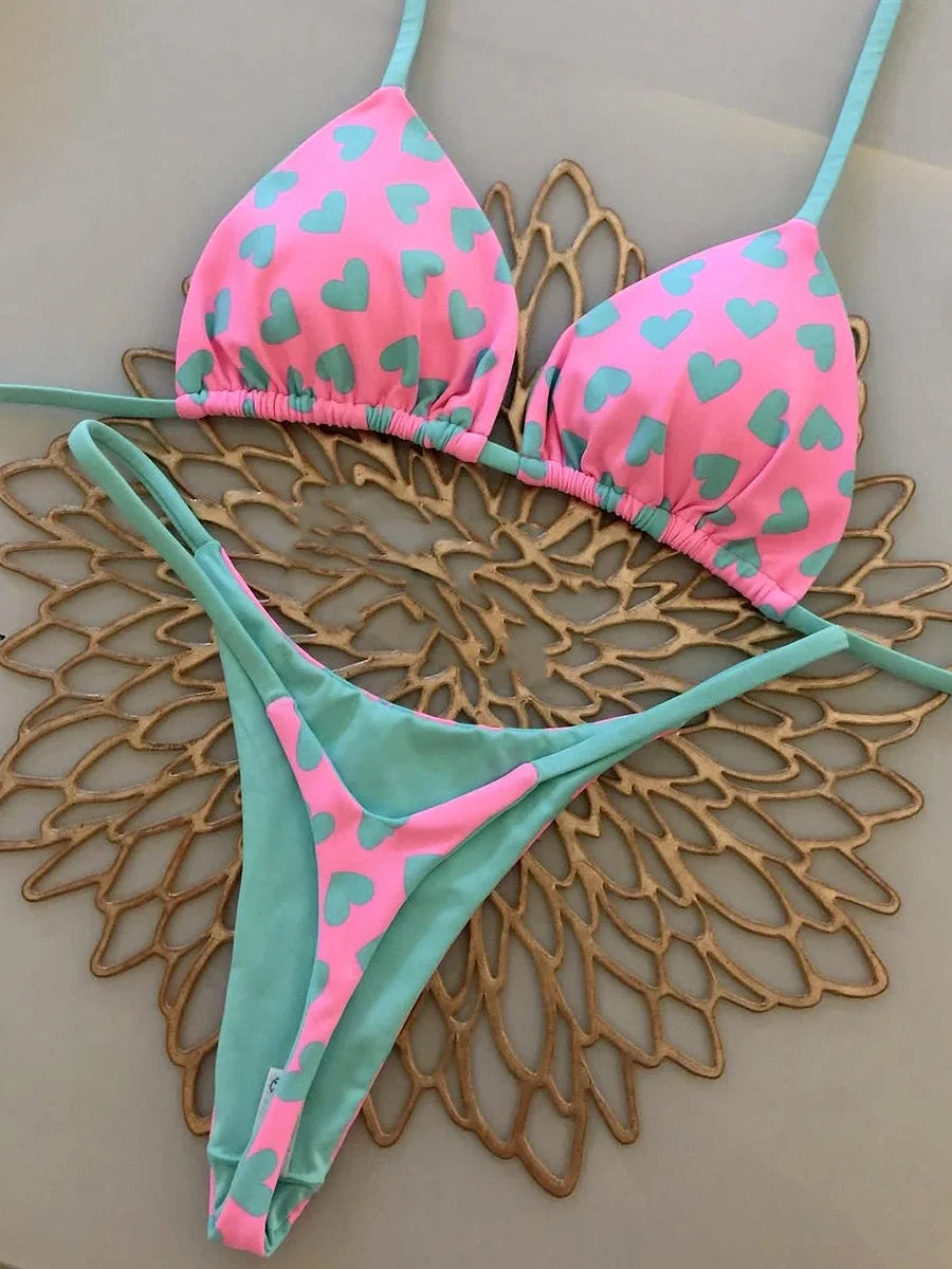 Printed Halter Wrinkled Bikinis Mini Micro Thong Bikini Female Swimsuit Women Swimwear Two-pieces Bikini Set Bathing Suit Swim