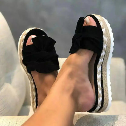 Women's Summer 2025 Thick Heel Slippers Butterfly Knot Sandal Rope Large Size Beach Slippers Comfortable round Toe Rubber Sole