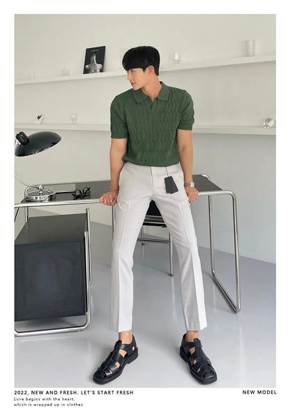 Summer Clothing Men's Luxury Knitted Jacquard Skinny Polo Shirt Korean Popular Breathable Leisure V Neck Short Sleeve Knitwear