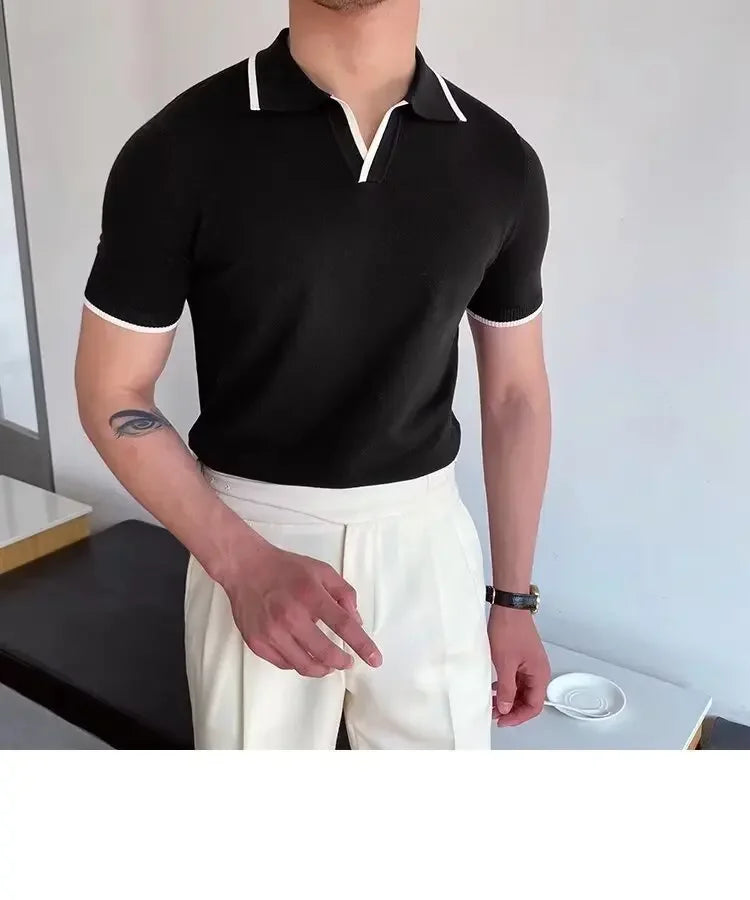 Summer Men's Knit Short Sleeve Polo Shirt Korean Style Slim Fit Solid Color Ice Silk Casual T-shirt Base Layer Top