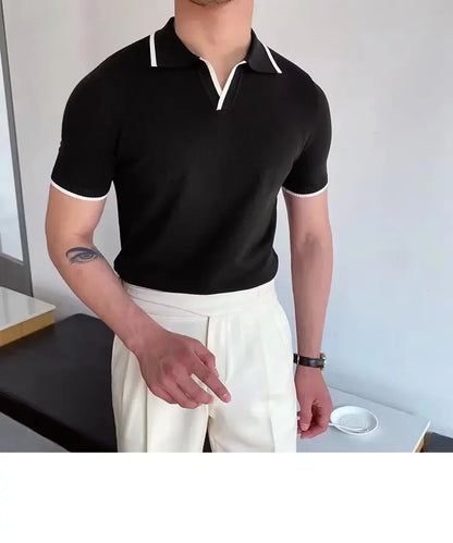 Summer Men's Knit Short Sleeve Polo Shirt Korean Style Slim Fit Solid Color Ice Silk Casual T-shirt Base Layer Top