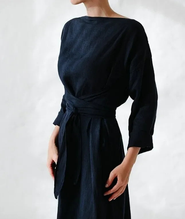 2023 Amazon New Cotton Linen Long Sleeve One Shoulder Belted Dress Women's Clothing Dresses Origin Mainland China Brand Name NoE