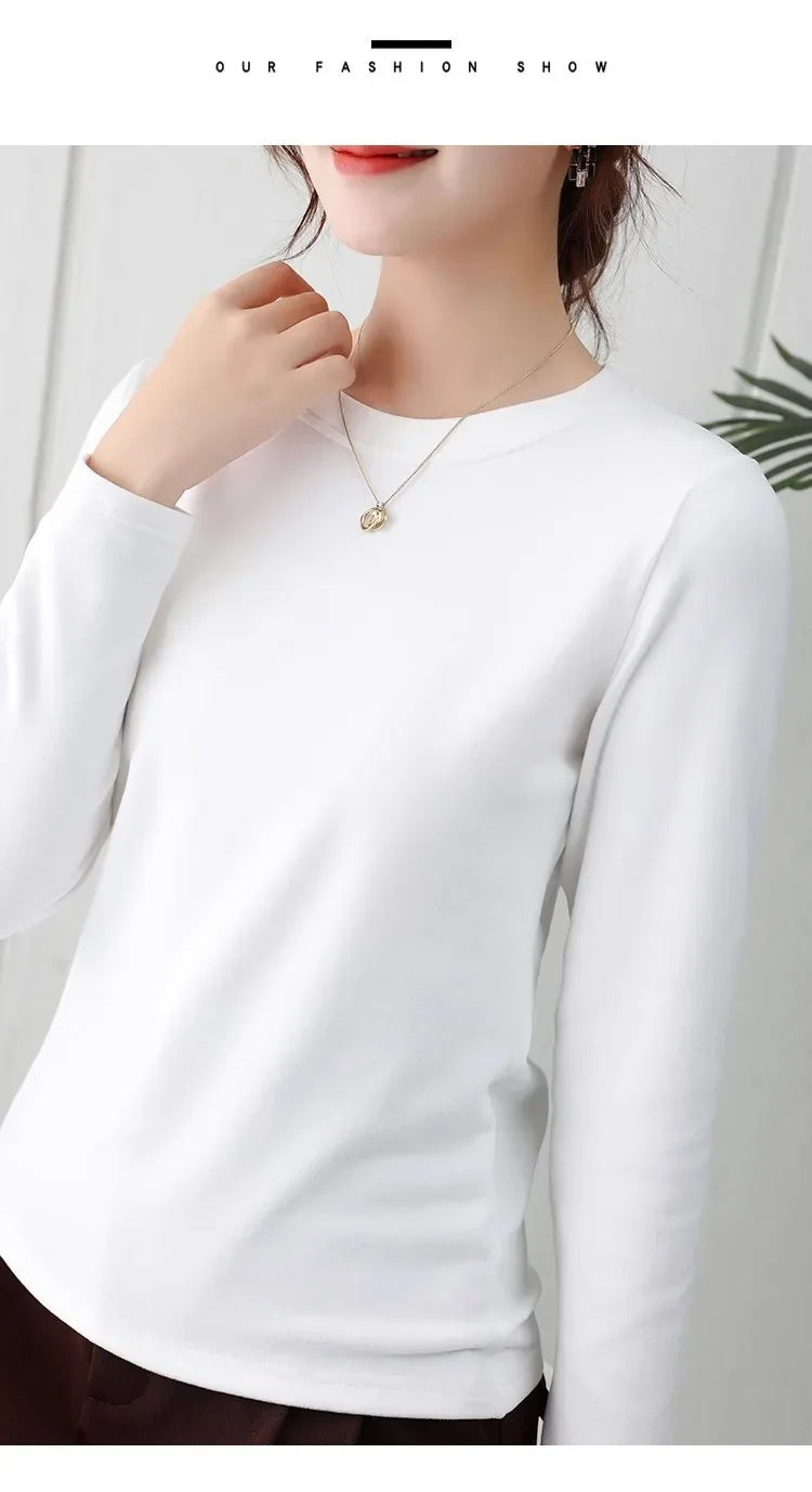 Korean Style Women's round Neck Long Sleeve Base Shirt Early Autumn New Pure Color Threaded Top Trendy T-shirt Slim Fit