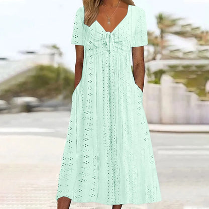 Women's Hollow Out Eyelet Beach Dress Solid Colour V-Neck Tie Short Sleeve Loose Long Dress With Pockets 2025 Boho Summer Dress