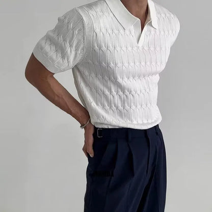 Summer Clothing Men's Luxury Knitted Jacquard Skinny Polo Shirt Korean Popular Breathable Leisure V Neck Short Sleeve Knitwear