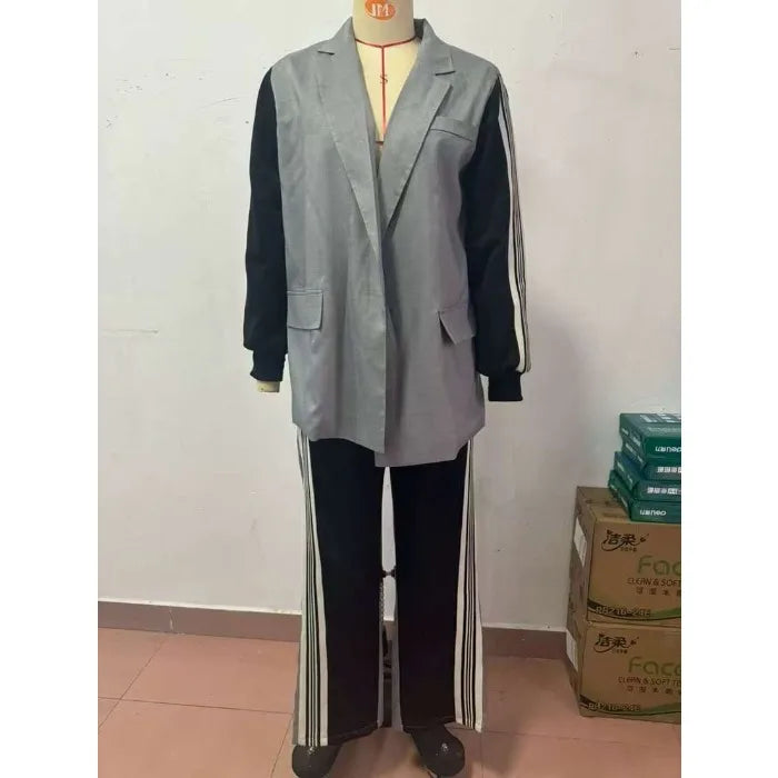 Casual Two Piece Sets Womens Outifits Fall Long Sleeved Patchwork Double Breasted Suit Coat Loose Pant Two-piece Set Winter 2024