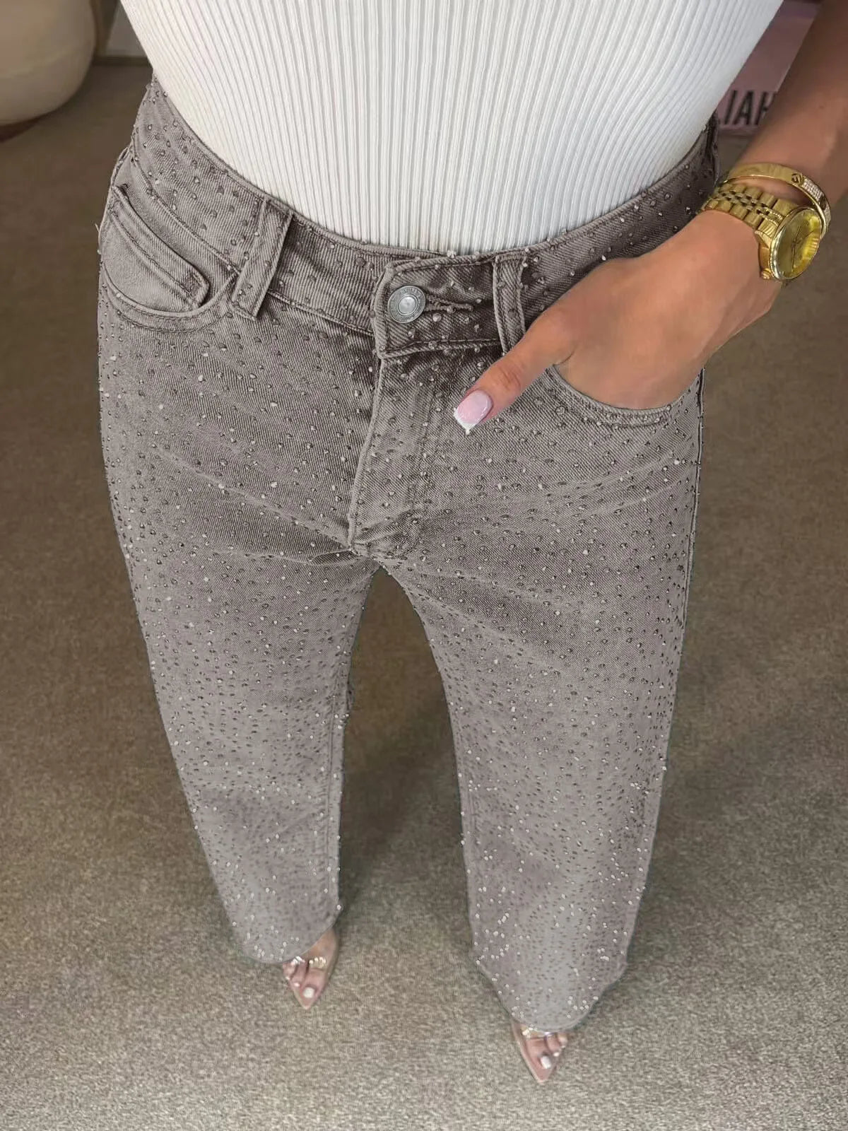 Straight Jeans for Women Diamonds Pants Stretch High Waist Washed Distressed Pockets Vintage Denims Streetwear Female Trousers