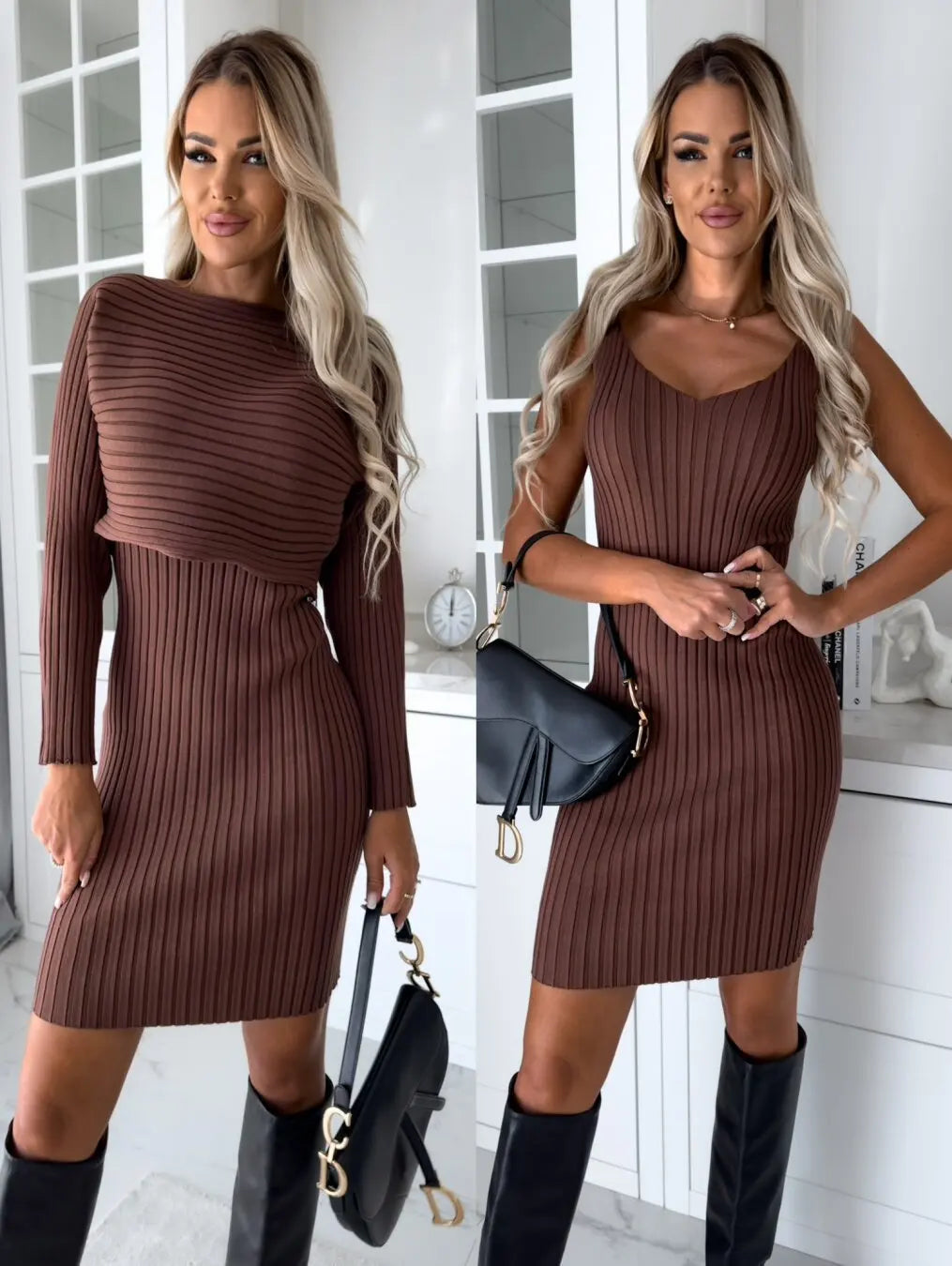 Fashion Long Sleeve Knitted Sweater And Dress Two Piece Sets For Women 2025 Autumn Winter Outfits Warm Sexy Bodycon Drsses Sets