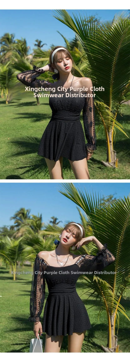 Conservative plus Size One Piece Swimsuit Women's Dress Style Thermal Spa Swimming Costume Belly Cover Slimming Sexy Meat Cover