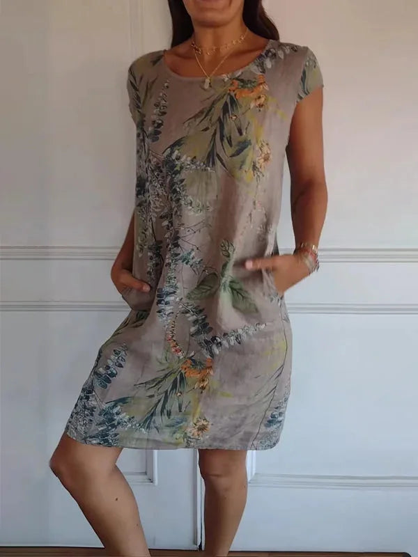 Spring Summer Hot Sale Of The Season Women's Cotton Linen Short Sleeve Printed Pocket round Neck Dress Elegant Style Comforta...