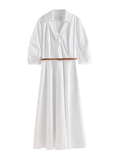 FSLE Autumn Women Wedding Guest Dress Spring Long Sleeves Dress Three-quarter Sleeve Cotton Elegant 2025 Slim Waist  Dress