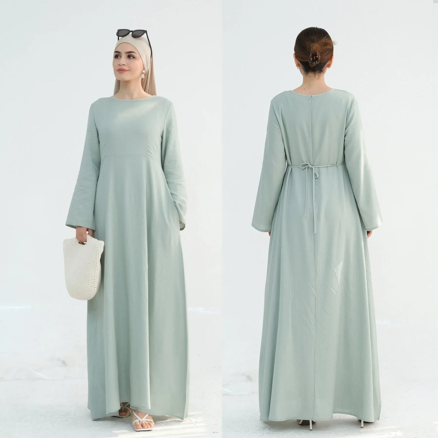 Women Cotton Linen Dresses Eid Muslim Vestidos Abaya Lace Up Ramadan Morocco Dubai Abayas Jalabiya Kaftan 2025 Arab Long Robe