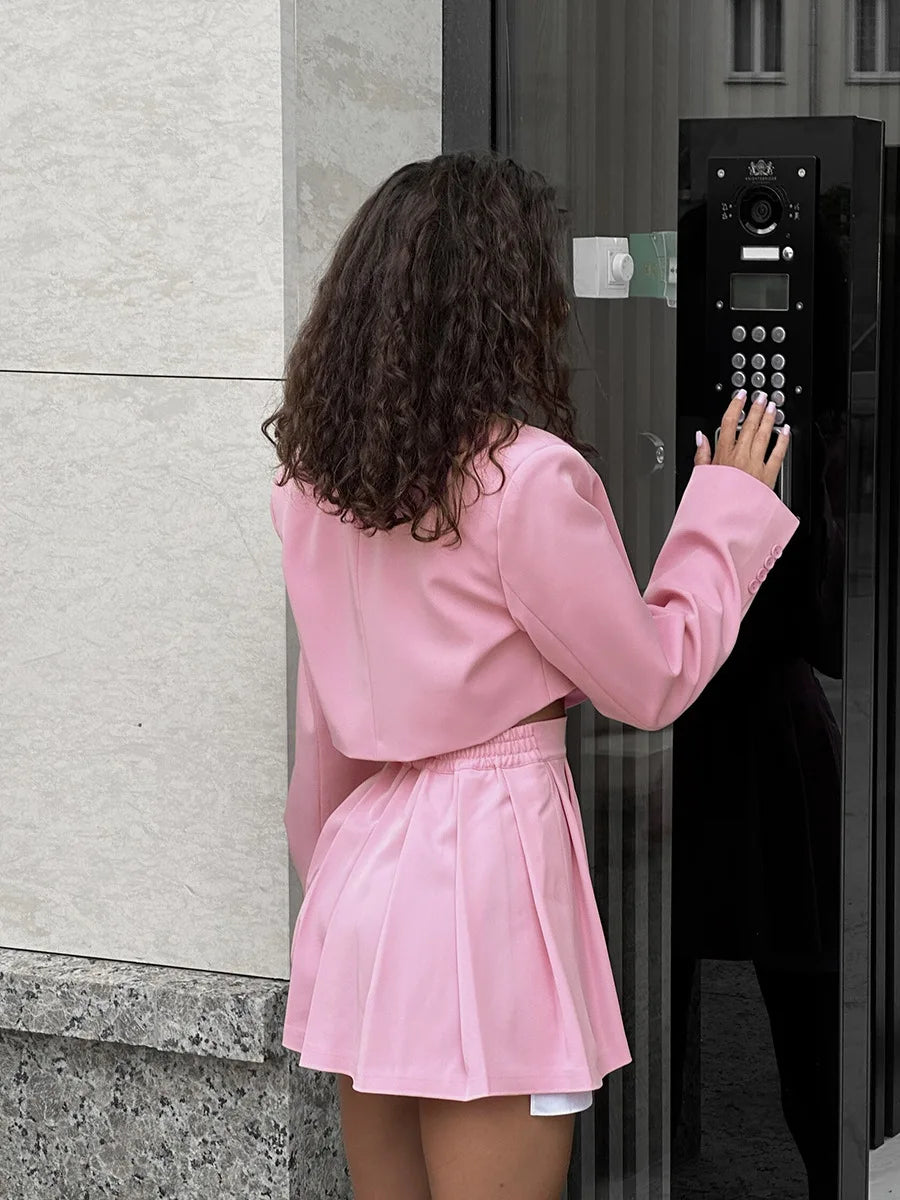 Blubelle Women Stylish Short Blazer Sets Crop Blazer Jackets & Pleated Mini Skirt 2 Pieces Sets Two Piece Sets Womens Outifits