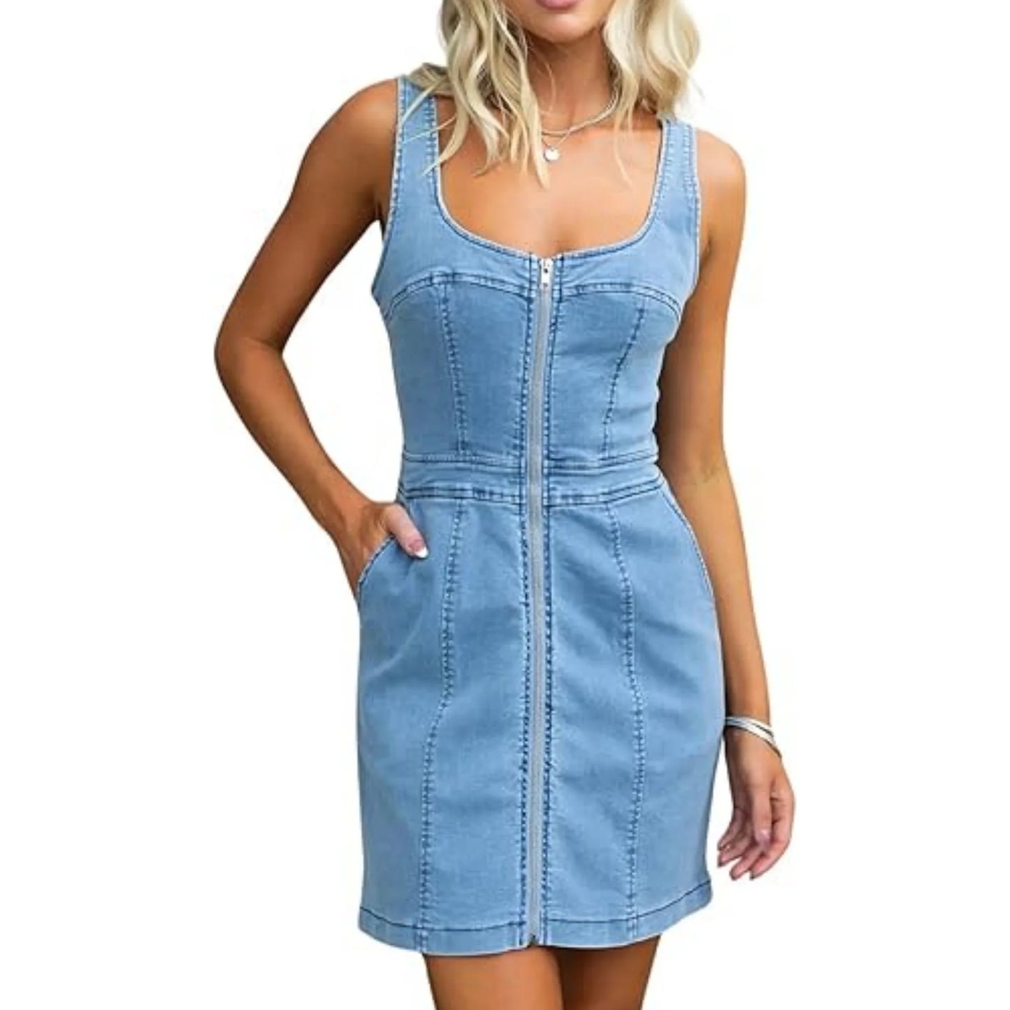 New Arrivals Fashion 2024 Spring Summer New Women's Clothing Solid Color Casual Slim Sleeveless Denim Dress