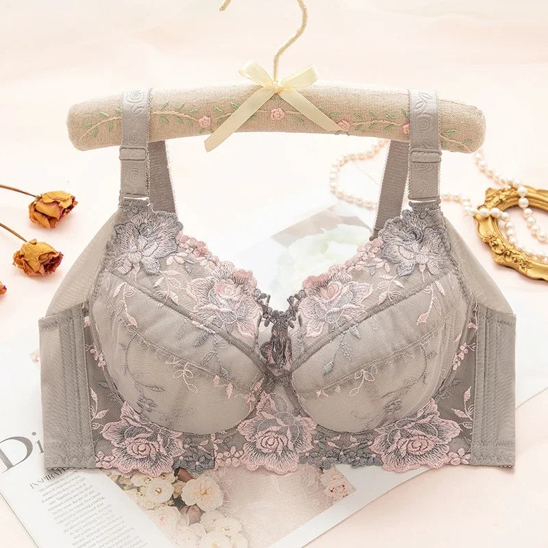 Womens Underwire Push Up Lingerie Minimizer Bra Lightly Lined Floral Lace Embroidery Full Coverage 36 38 40 42 44 B C D E F G H