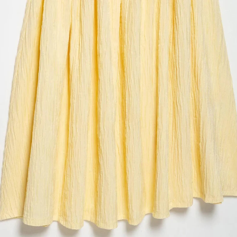 Women's Dress Yellow Pleated Sexy Backless Slip Dress Female Sleeveless Midi Dress 2026 Summer New Square Collar Beach Vestidos