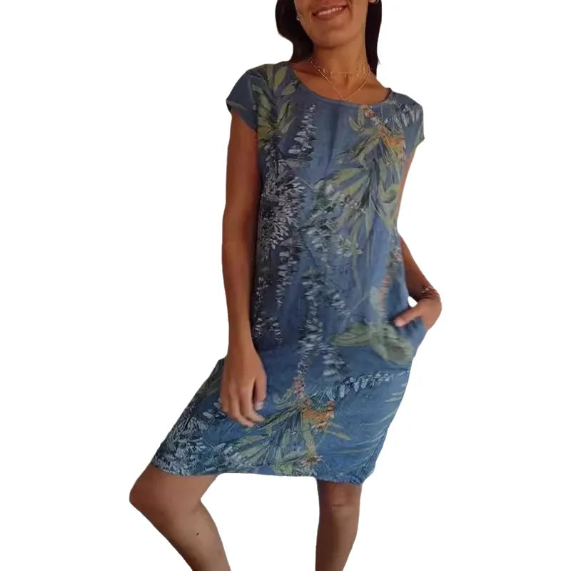 Spring Summer Hot Sale Of The Season Women's Cotton Linen Short Sleeve Printed Pocket round Neck Dress Elegant Style Comforta...