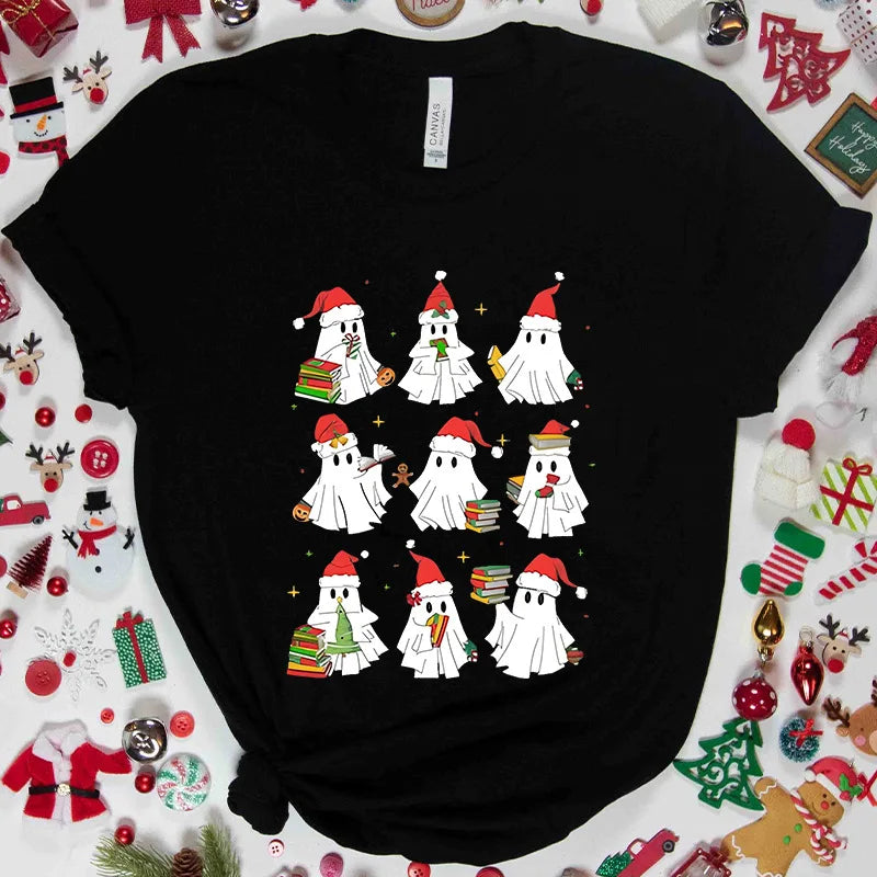 Christmas Ghost Short Sleeved Cute Ghost Printed Women's Loose and Comfortable Large T-shirt Party Clothing Women's Clothing