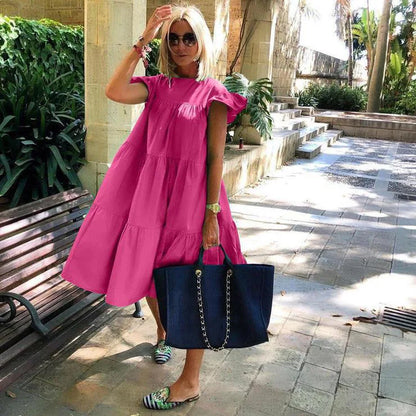 Casual Loose Ruffles Dress Women Fashion O-neck Pure Color Short Sleeve Dresses For Women 2024 Summer White Beach Sumdress