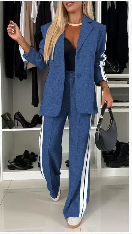 Casual Two Piece Sets Womens Outifits Fall Long Sleeved Patchwork Double Breasted Suit Coat Loose Pant Two-piece Set Winter 2024