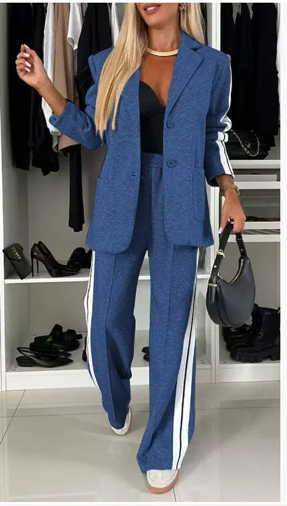 Casual Two Piece Sets Womens Outifits Fall Long Sleeved Patchwork Double Breasted Suit Coat Loose Pant Two-piece Set Winter 2024