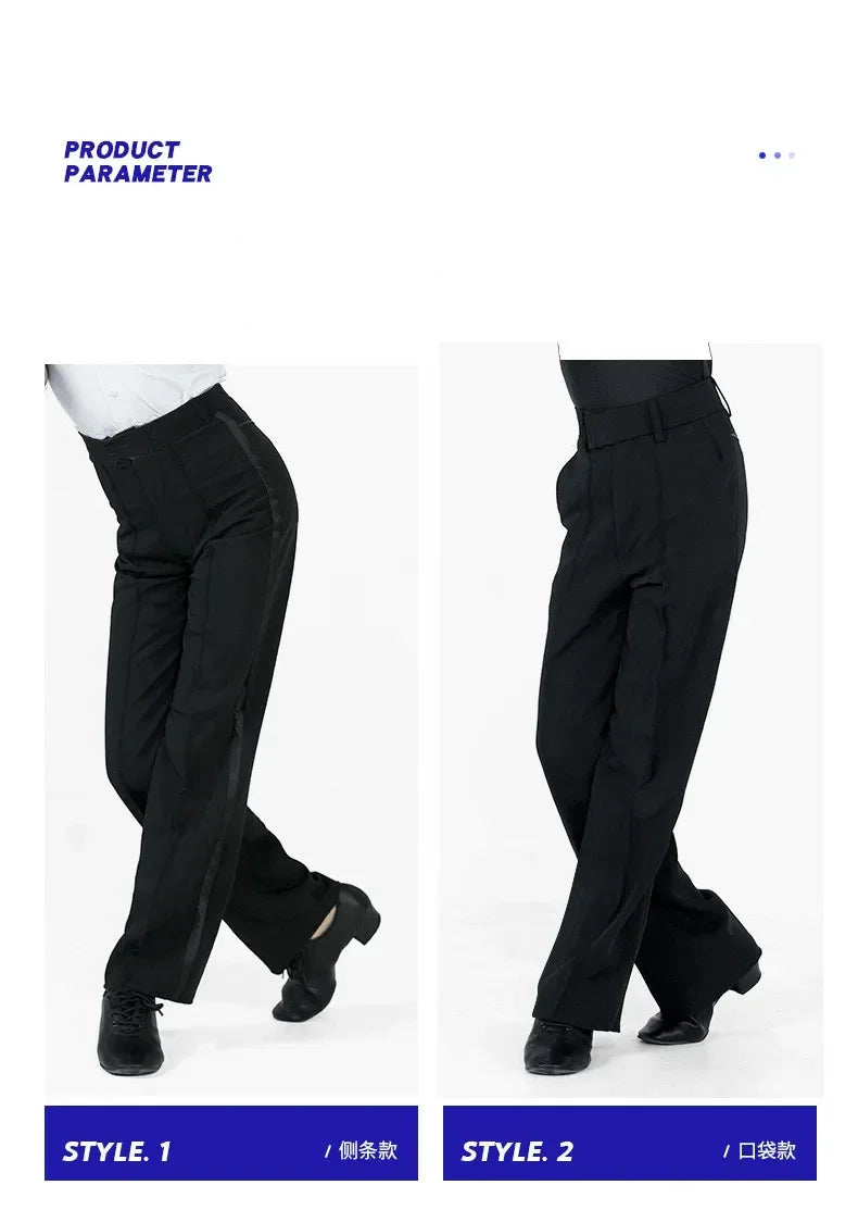 N72 Black Latin Modern Ballroom Tango Salsa Samba Trousers Practice Competition Latin Dance Pants For Men Kids Boys EJ