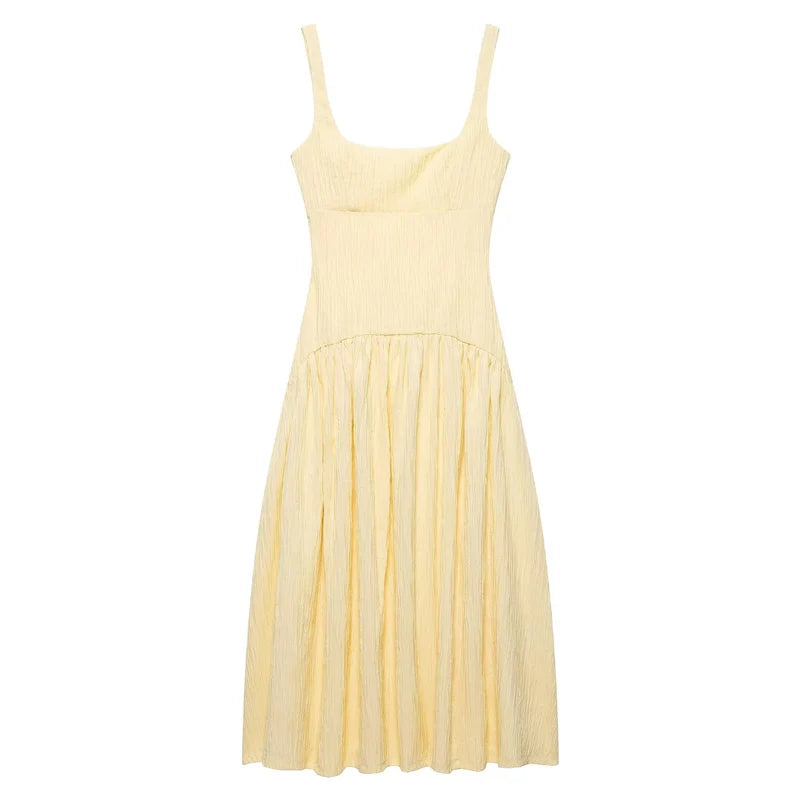 Women's Dress Yellow Pleated Sexy Backless Slip Dress Female Sleeveless Midi Dress 2026 Summer New Square Collar Beach Vestidos