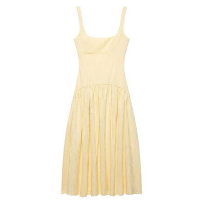 Women's Dress Yellow Pleated Sexy Backless Slip Dress Female Sleeveless Midi Dress 2026 Summer New Square Collar Beach Vestidos