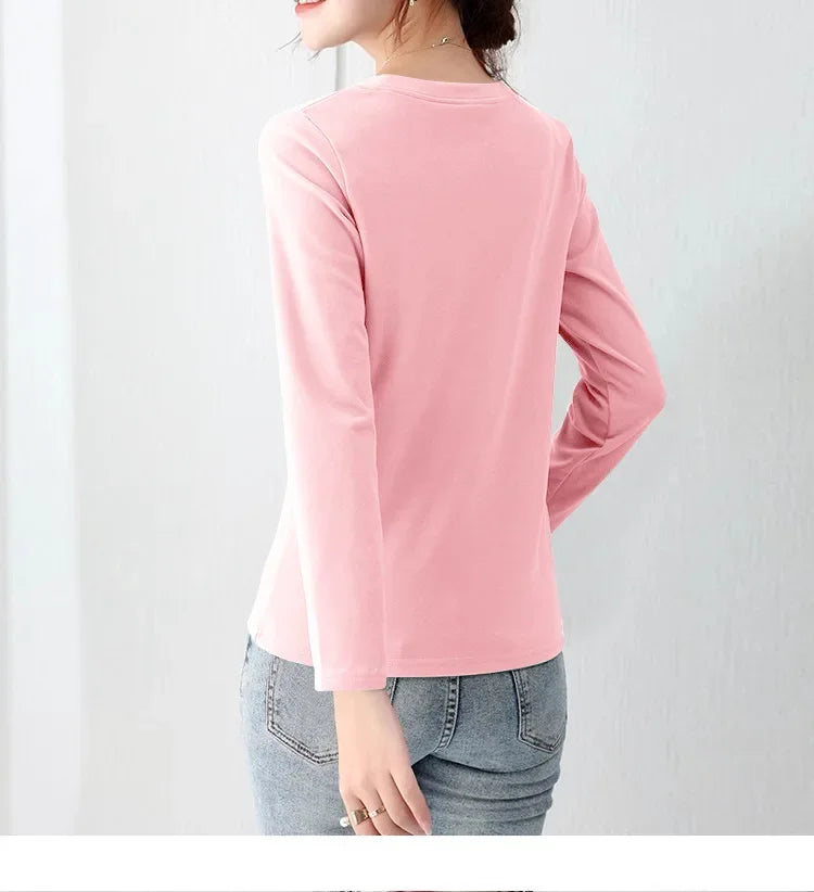 Korean Style Women's round Neck Long Sleeve Base Shirt Early Autumn New Pure Color Threaded Top Trendy T-shirt Slim Fit