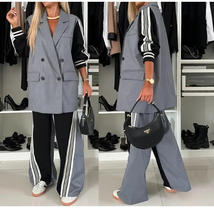 Casual Two Piece Sets Womens Outifits Fall Long Sleeved Patchwork Double Breasted Suit Coat Loose Pant Two-piece Set Winter 2024