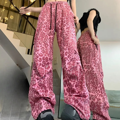 Matakawa Y2k Clothes Pink Leopard Women Pants Spring Autumn Streetwear Vintage Pantalones Mujer Hiphop Wide Leg Trousers