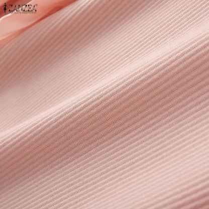 ZANZEA Woman Ruffles Trim Blouses O-Neck Long Sleeve Solid Color Ribbed Knit Patchwork Pullover Tops Spring Elegant Blusas Mujer