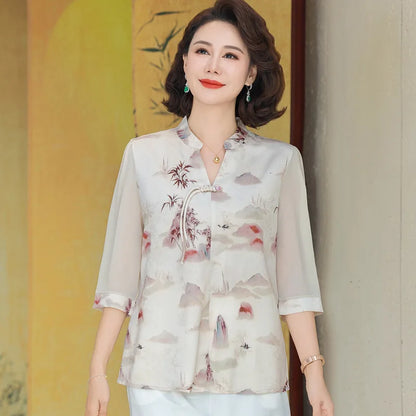 New Chinese Style Floral Print Chiffon Shirt Half Sleeve Women's Middle-Aged Spring Summer Top Mom's Fashionable Small Shirt