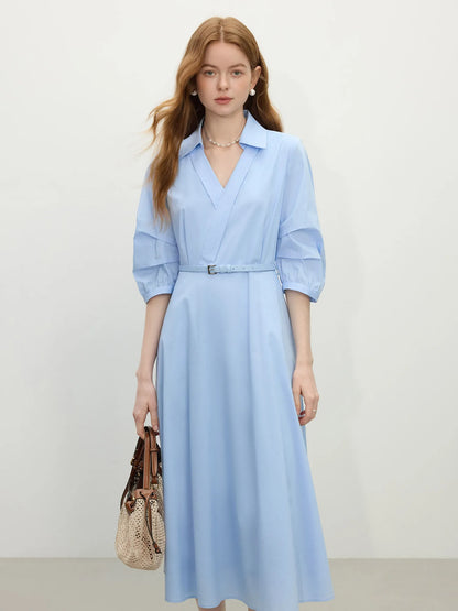 FSLE Autumn Women Wedding Guest Dress Spring Long Sleeves Dress Three-quarter Sleeve Cotton Elegant 2025 Slim Waist  Dress