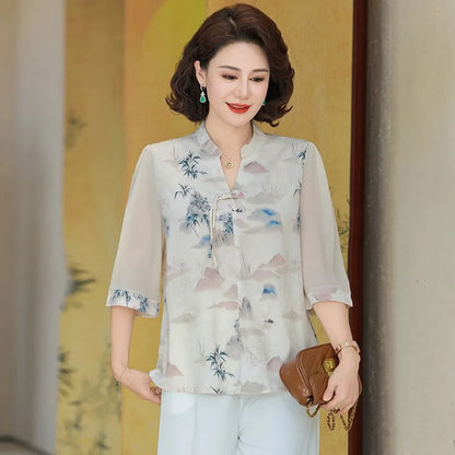 New Chinese Style Floral Print Chiffon Shirt Half Sleeve Women's Middle-Aged Spring Summer Top Mom's Fashionable Small Shirt