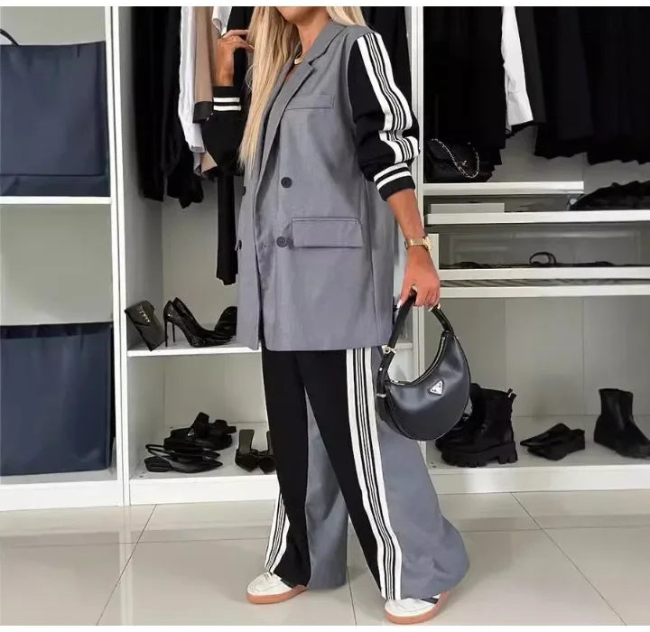 Casual Two Piece Sets Womens Outifits Fall Long Sleeved Patchwork Double Breasted Suit Coat Loose Pant Two-piece Set Winter 2024