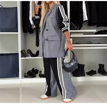 Casual Two Piece Sets Womens Outifits Fall Long Sleeved Patchwork Double Breasted Suit Coat Loose Pant Two-piece Set Winter 2024