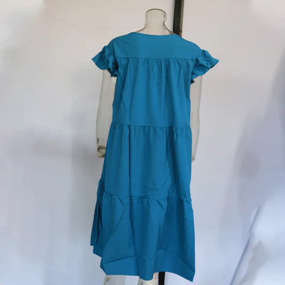 Casual Loose Ruffles Dress Women Fashion O-neck Pure Color Short Sleeve Dresses For Women 2024 Summer White Beach Sumdress