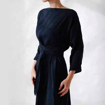 2023 Amazon New Cotton Linen Long Sleeve One Shoulder Belted Dress Women's Clothing Dresses Origin Mainland China Brand Name NoE