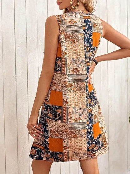 TUME Women's Fashion Print Dress Knee-Length Skirt Sleeveless Regular Waistline Cross-Border Summer New Arrival