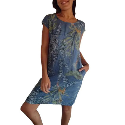 Spring Summer Hot Sale Of The Season Women's Cotton Linen Short Sleeve Printed Pocket round Neck Dress Elegant Style Comforta...