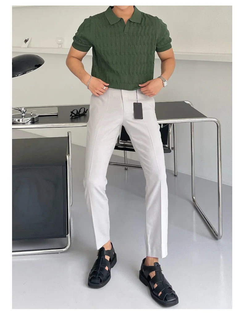 Summer Clothing Men's Luxury Knitted Jacquard Skinny Polo Shirt Korean Popular Breathable Leisure V Neck Short Sleeve Knitwear