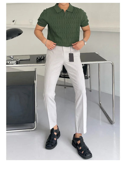 Summer Clothing Men's Luxury Knitted Jacquard Skinny Polo Shirt Korean Popular Breathable Leisure V Neck Short Sleeve Knitwear