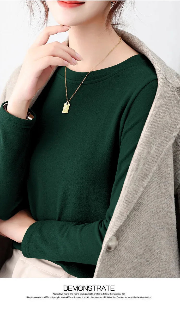 Korean Style Women's round Neck Long Sleeve Base Shirt Early Autumn New Pure Color Threaded Top Trendy T-shirt Slim Fit