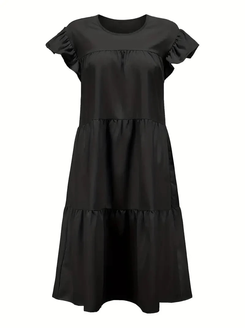 Casual Loose Ruffles Dress Women Fashion O-neck Pure Color Short Sleeve Dresses For Women 2024 Summer White Beach Sumdress
