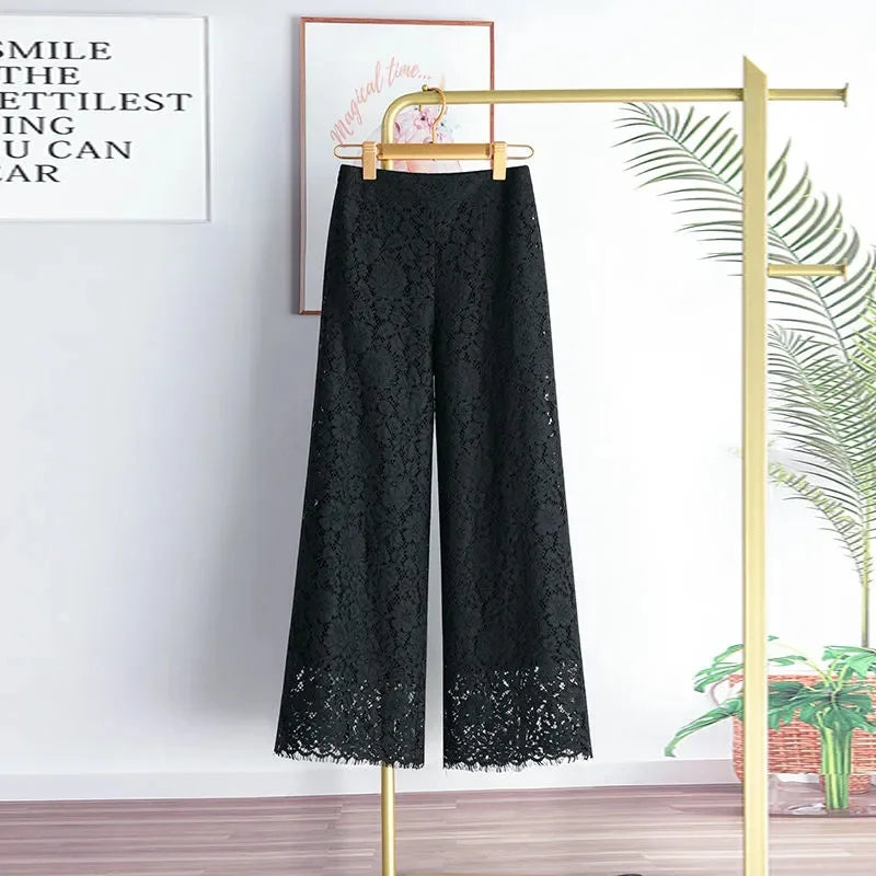 Female High Waist Wide-leg Trousers Summer Ladies Lace Straight-leg Pantalons Korean Women Casual Solid Color Nine Dvide Pants