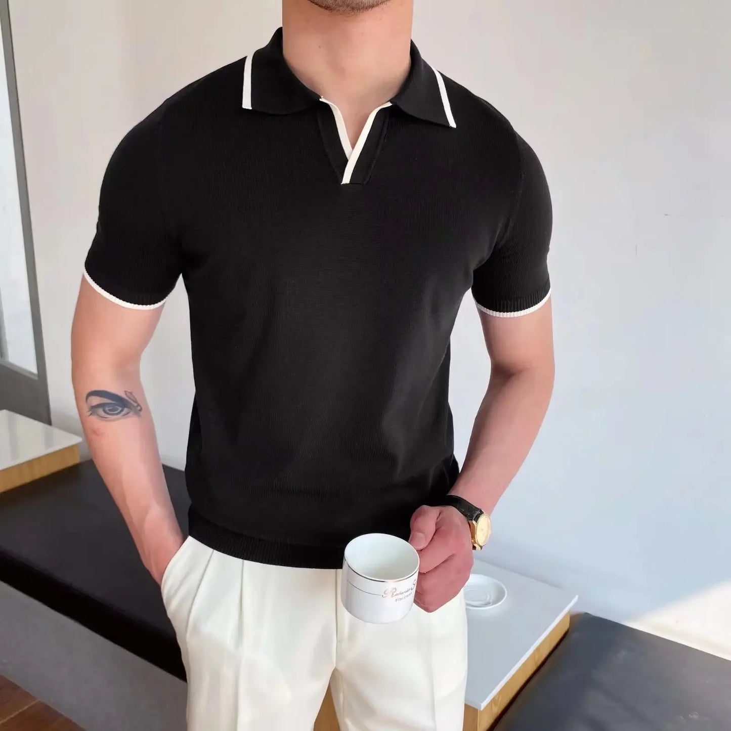 Summer Men's Knit Short Sleeve Polo Shirt Korean Style Slim Fit Solid Color Ice Silk Casual T-shirt Base Layer Top